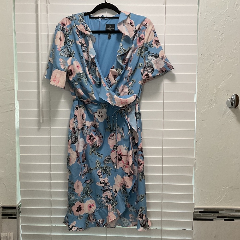 Adrianna Papell Floral Ruffle Wrap Dress - Blue/Pink